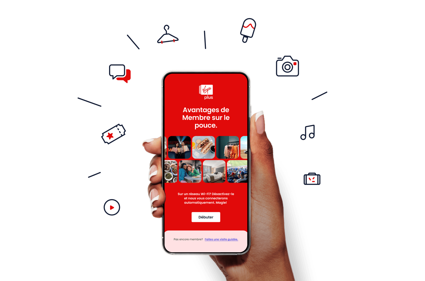 Promotion de l’appli Mes avantages : une main tient un téléphone affichant l'appli sur l'écran, avec des icônes représentant différents avantages.